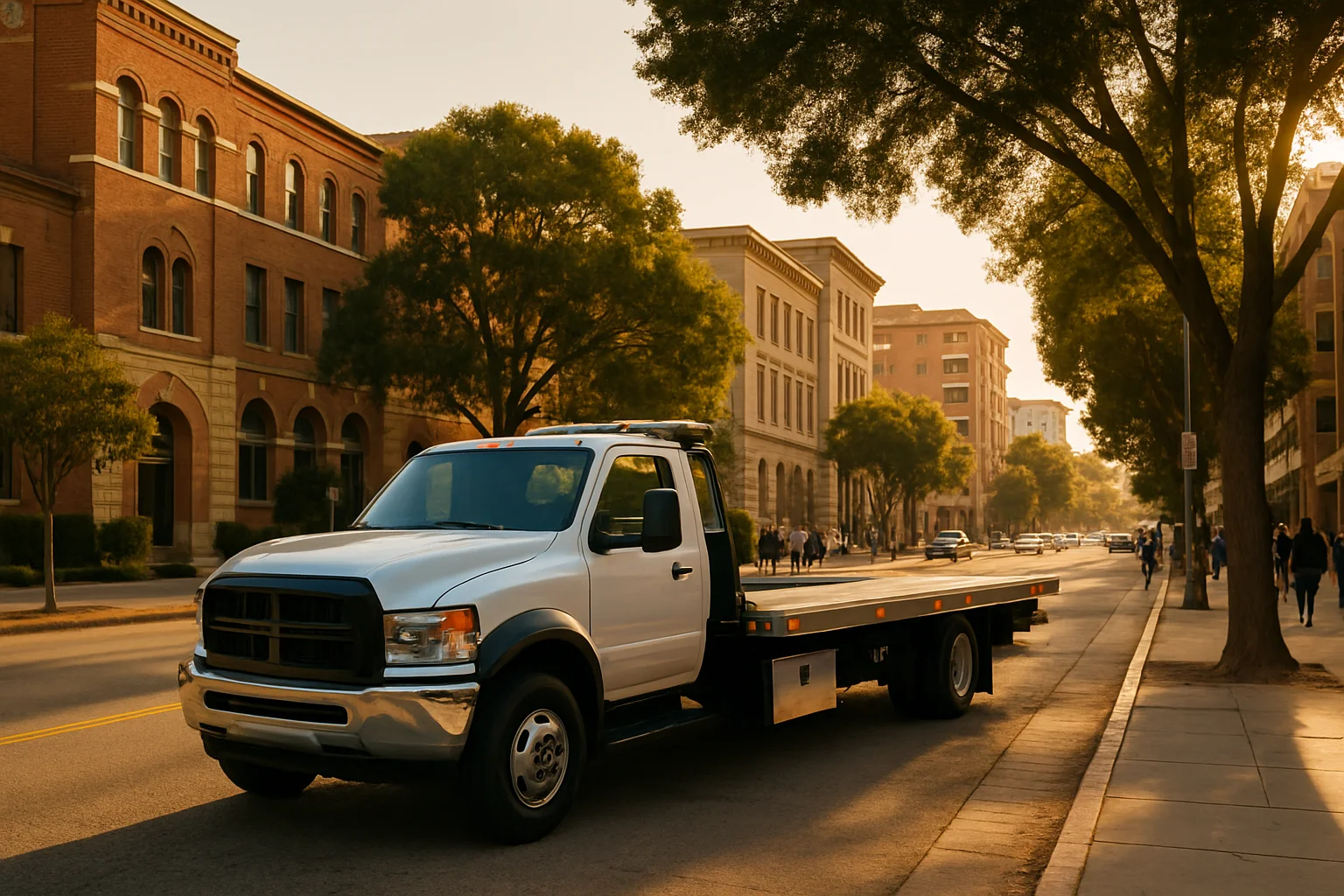 Flatbed tow truck in Westwood, California