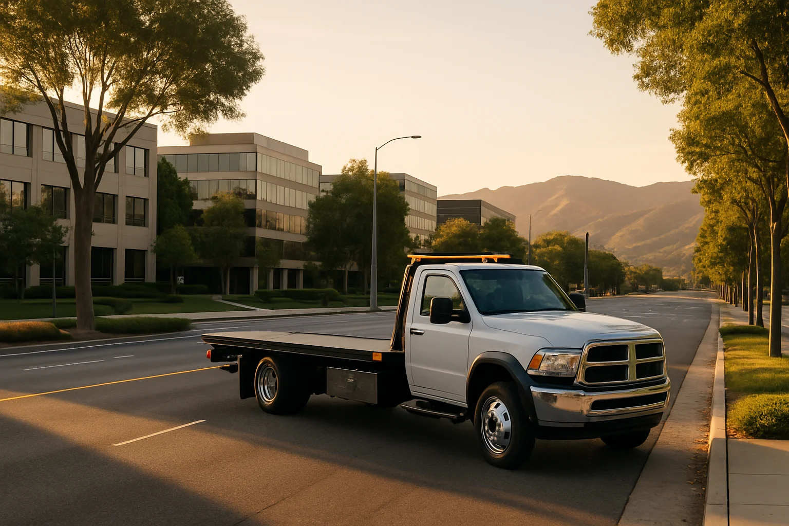 Flatbed tow truck in Woodland Hills, California