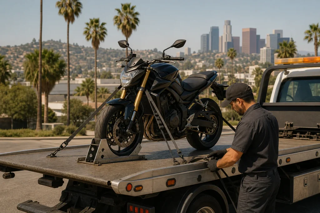 Technician securing a motorcycle on a flatbed in Los Angeles