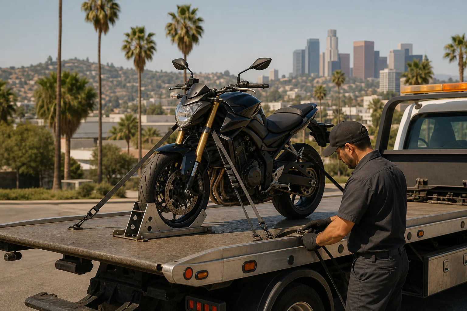 Technician securing a motorcycle on a flatbed in Los Angeles