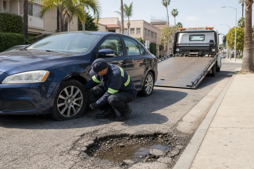 Operator inspecting a pothole-damaged tire beside a flatbed tow truck in Los Angeles