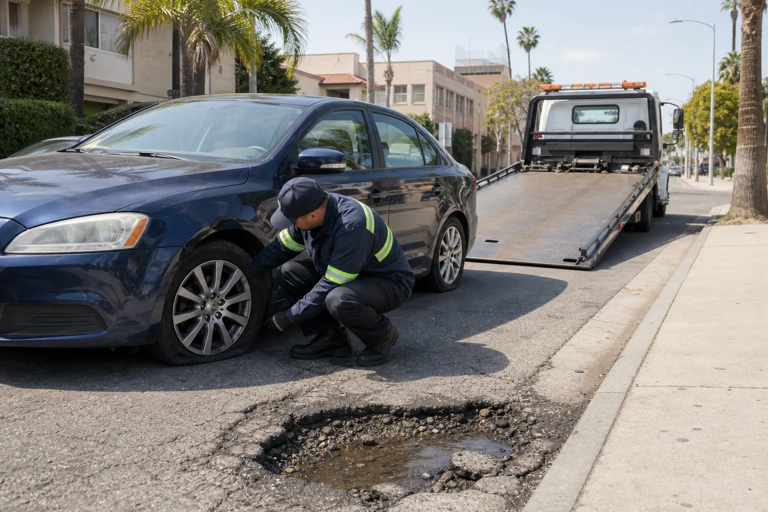 Operator inspecting a pothole-damaged tire beside a flatbed tow truck in Los Angeles