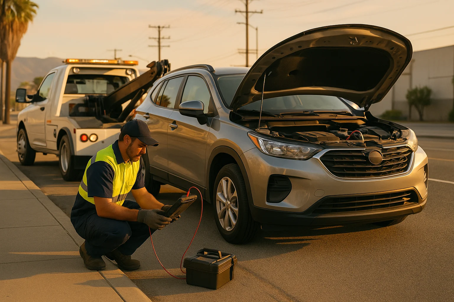 Roadside technician assisting a stranded crossover in Los Angeles