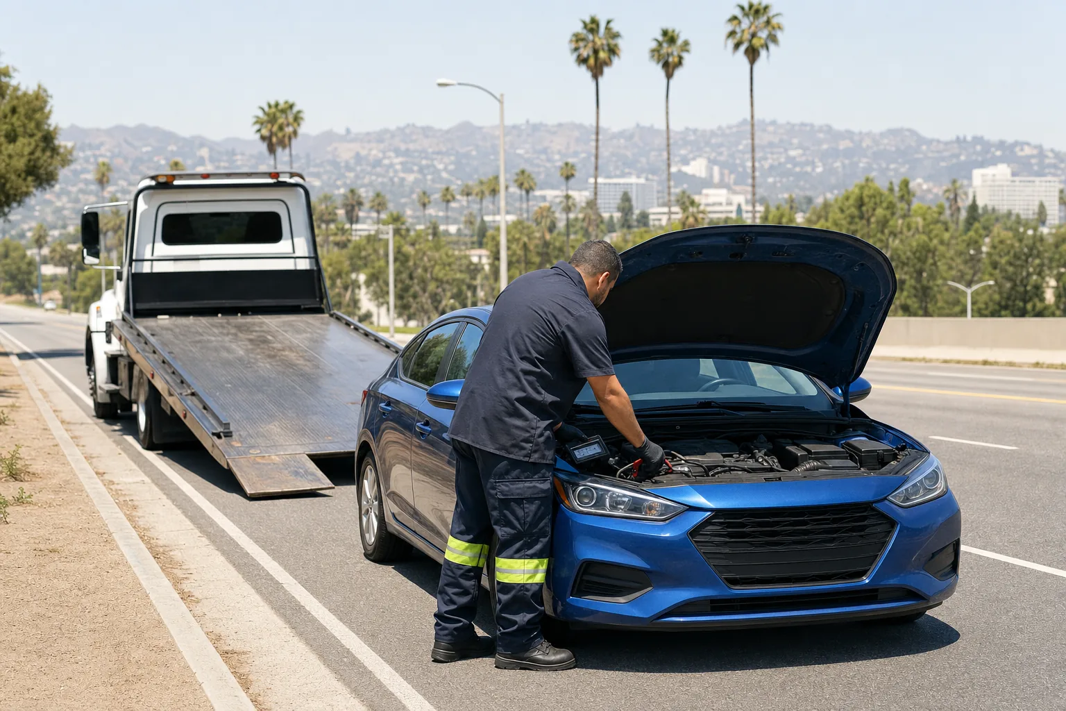 Roadside technician inspecting a disabled blue car with a flatbed tow truck nearby in Los Angeles