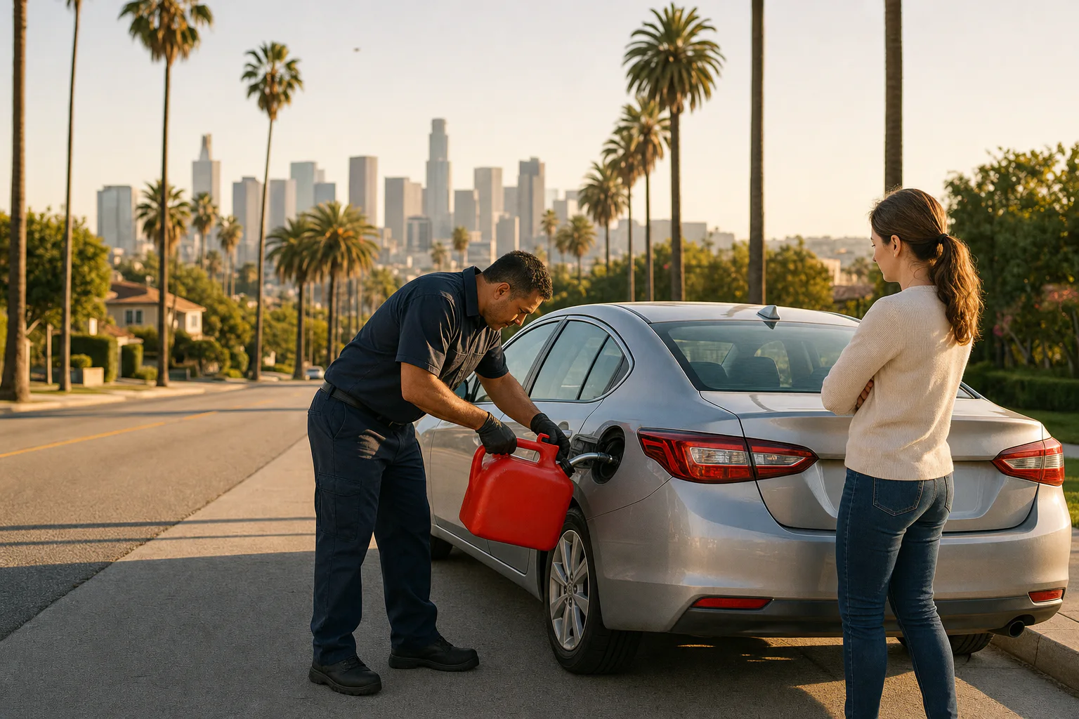 Roadside technician delivering emergency fuel to a sedan in Los Angeles