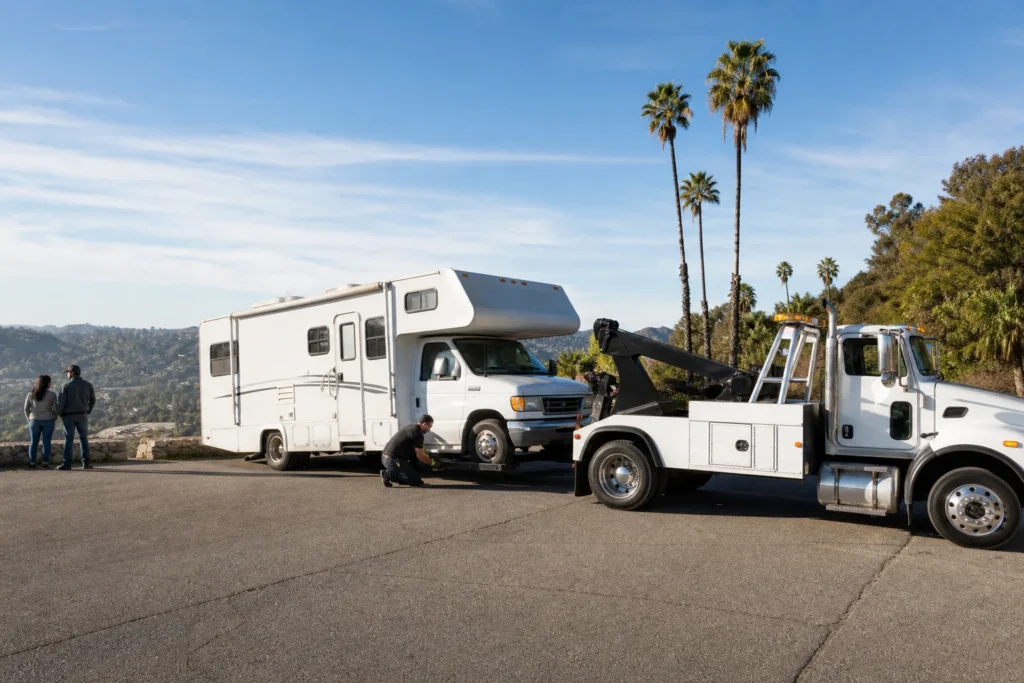 Tow truck preparing a recreational vehicle for transport near Los Angeles hills