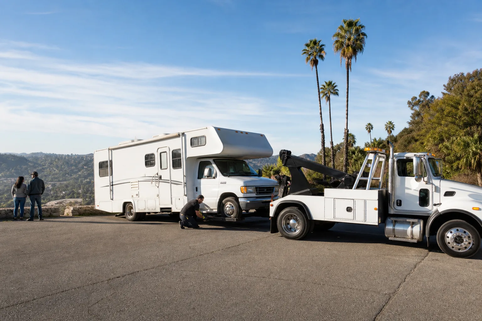 Tow truck preparing a recreational vehicle for transport near Los Angeles hills