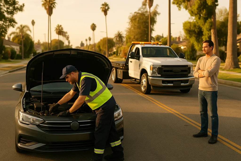 Roadside assistance operator checking a car that will not start in Los Angeles