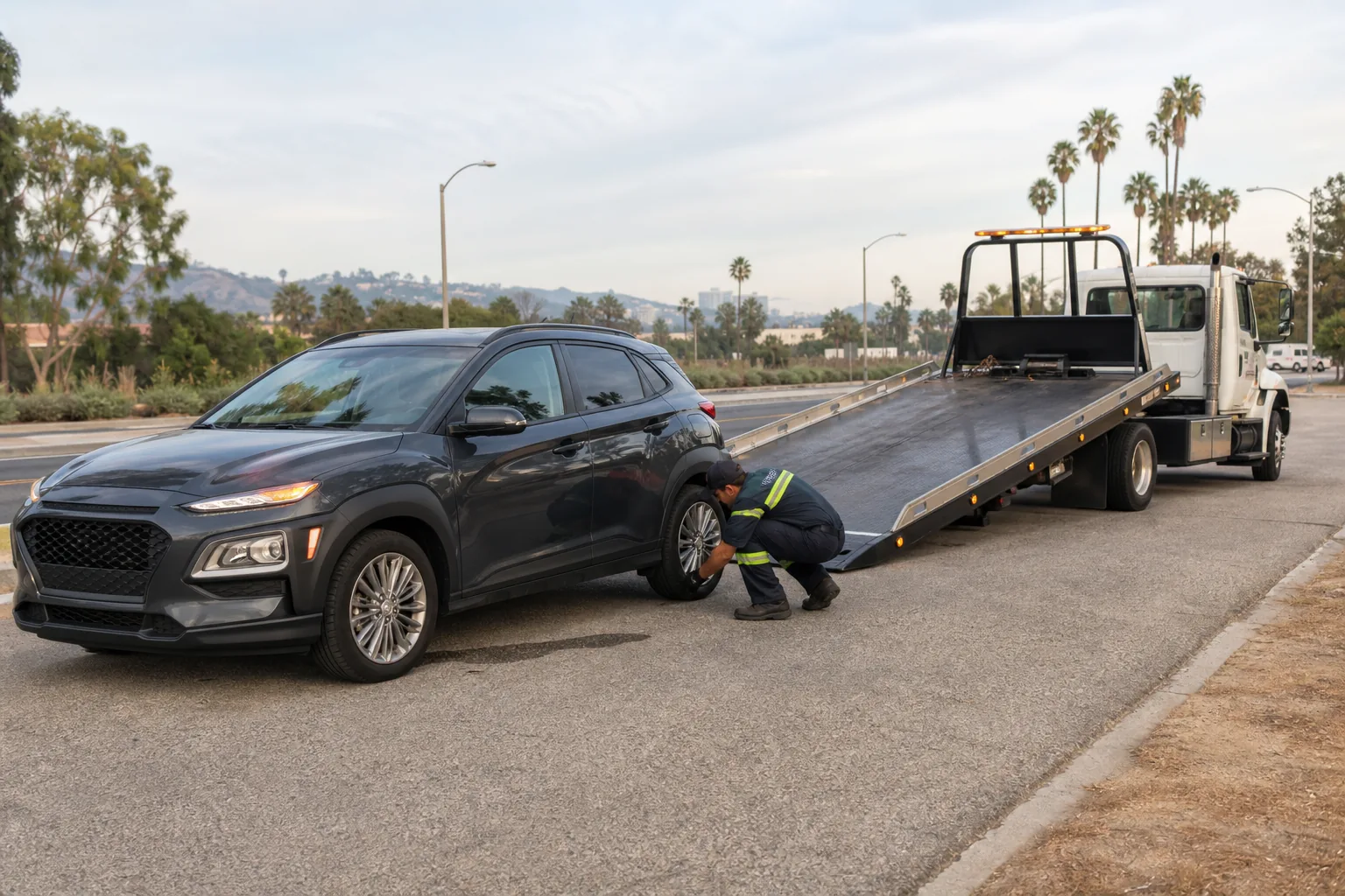 Flatbed tow truck preparing to load a crossover with suspected transmission failure in Los Angeles