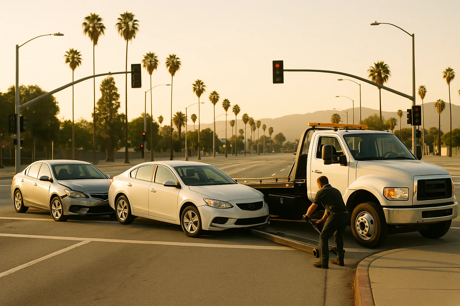 Tow truck assisting with a disabled car after an accident on a Los Angeles street
