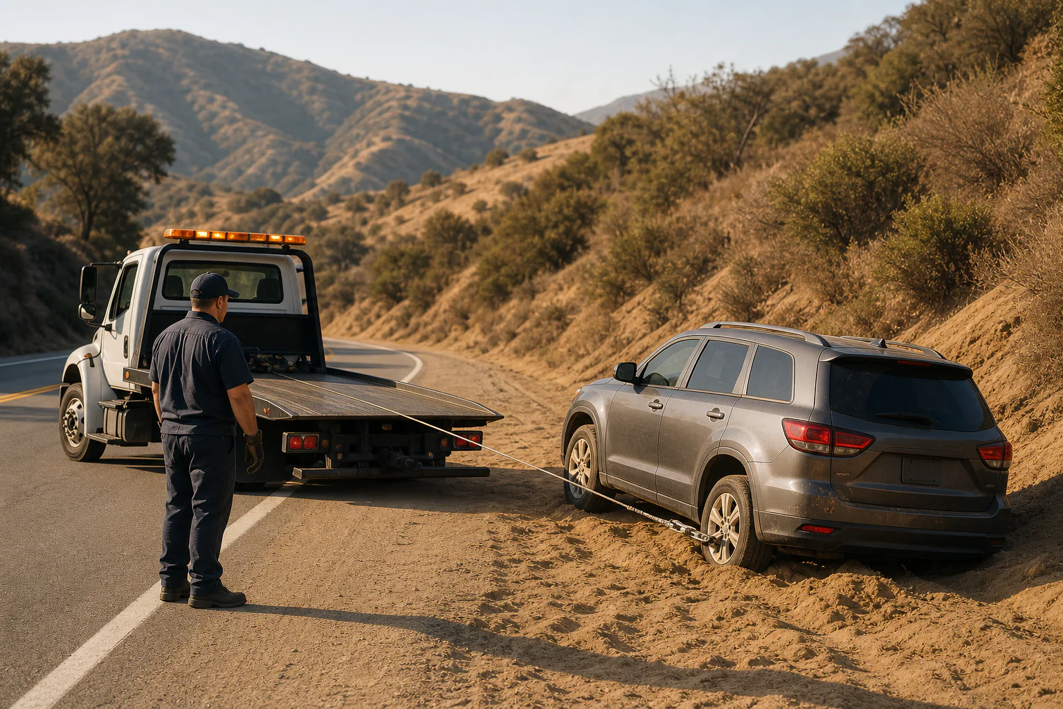 Tow operator performing a controlled SUV winch-out near Los Angeles
