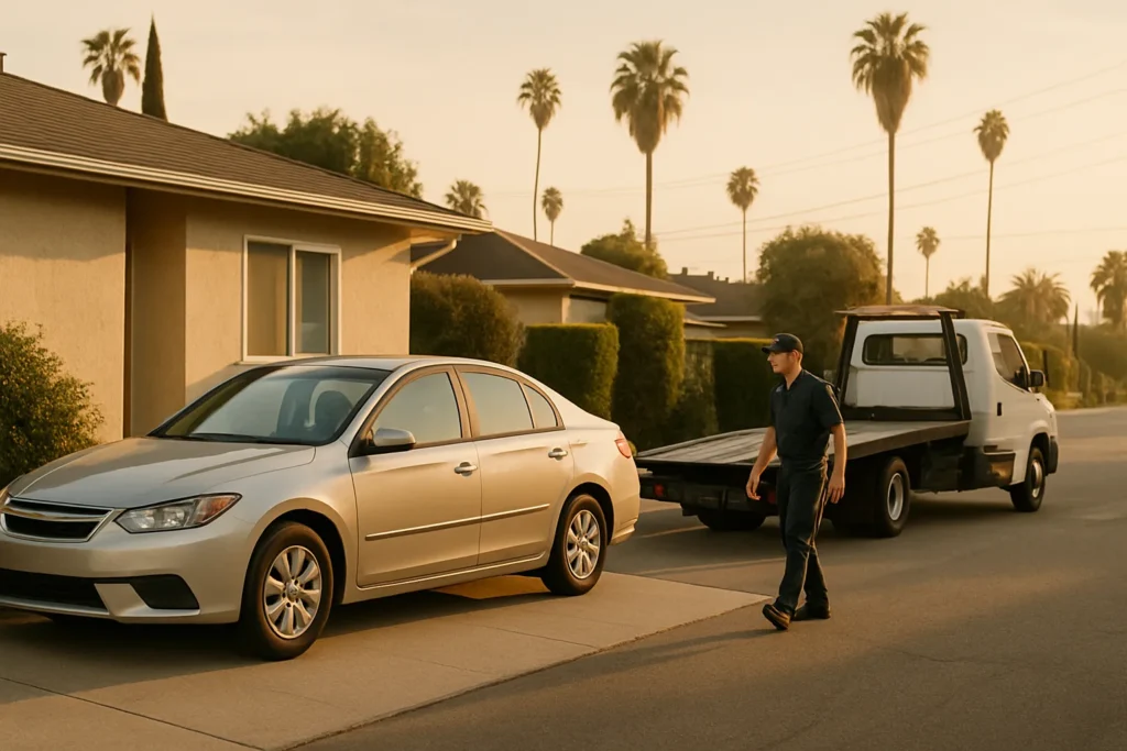 Tow operator assessing access to a sedan parked on a residential driveway
