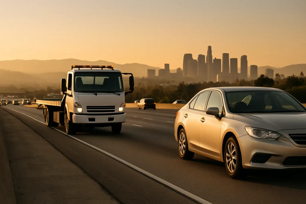 Tow truck approaching a stranded car on a Los Angeles freeway at golden hour
