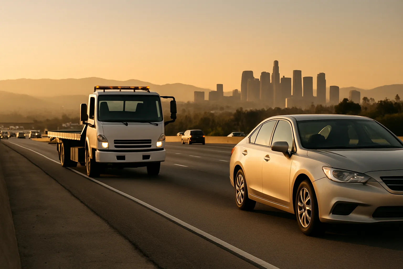 Tow truck approaching a stranded car on a Los Angeles freeway at golden hour