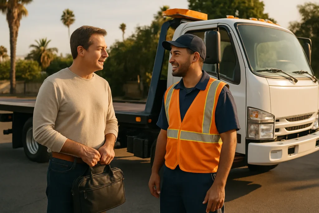 Customer with a small bag discussing pickup arrangements beside a tow truck cab