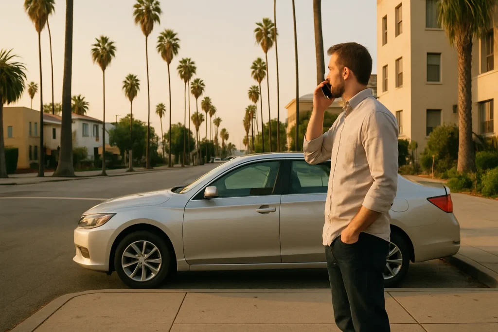 Driver calling towing dispatch from a sidewalk beside a parked car in Los Angeles