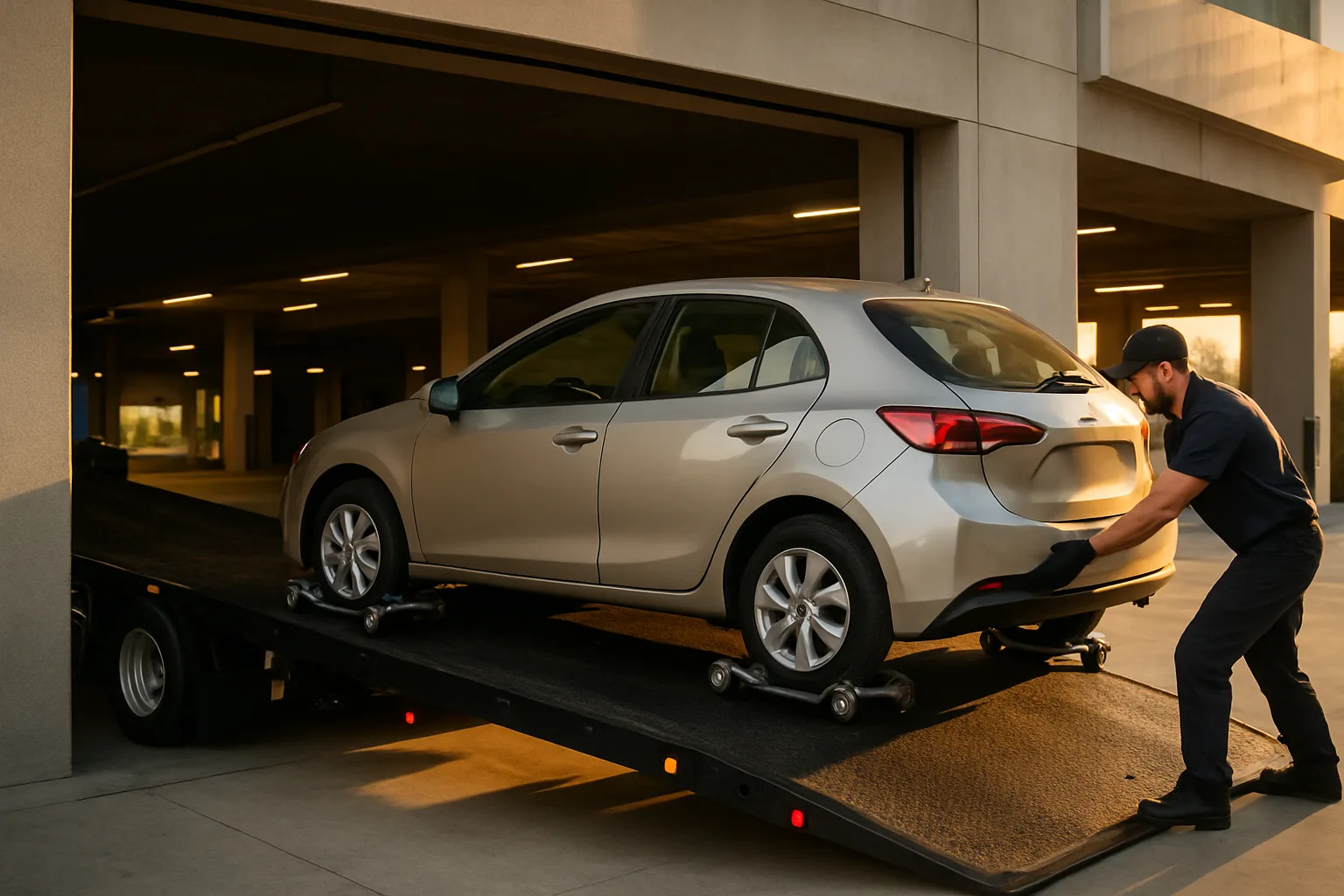 Flatbed operator loading a car with a stuck parking brake using wheel skates