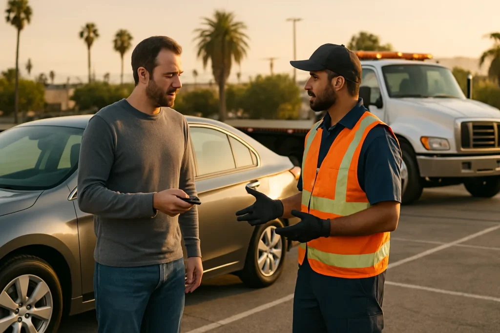Driver discussing a vehicle pickup with a tow operator beside a parked sedan