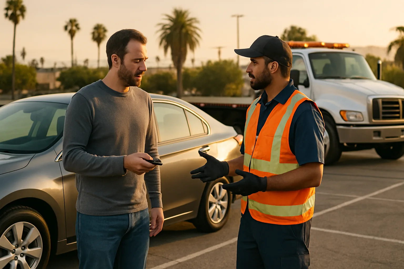 Driver discussing a vehicle pickup with a tow operator beside a parked sedan