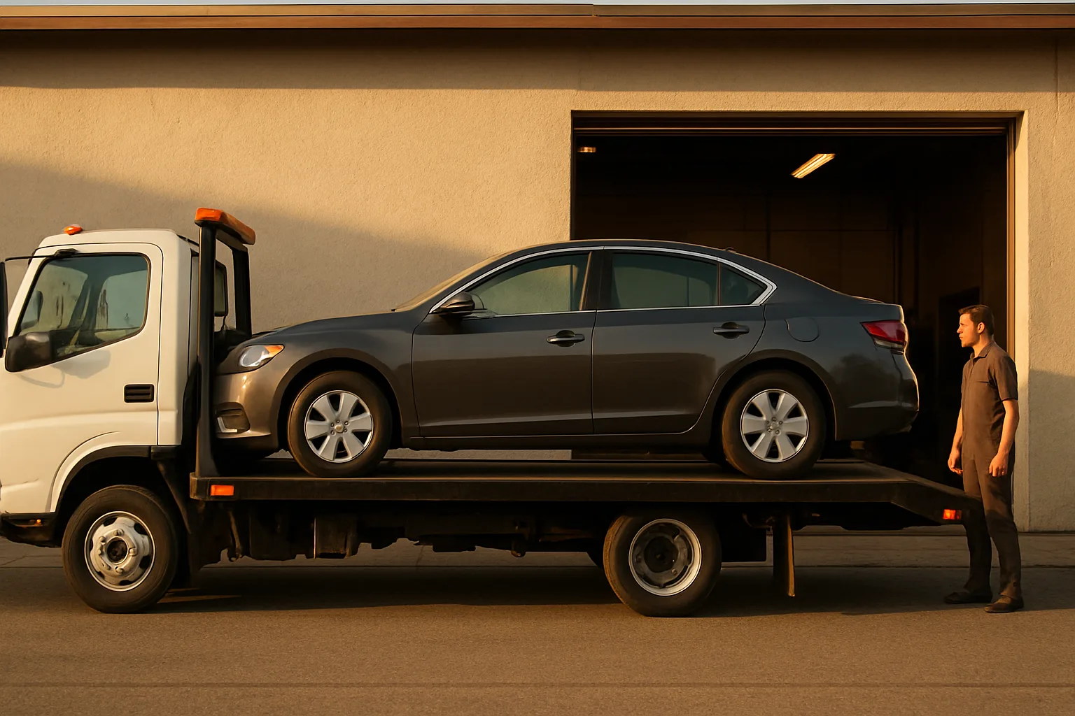 Flatbed truck carrying a sedan outside an auto repair workshop at golden hour