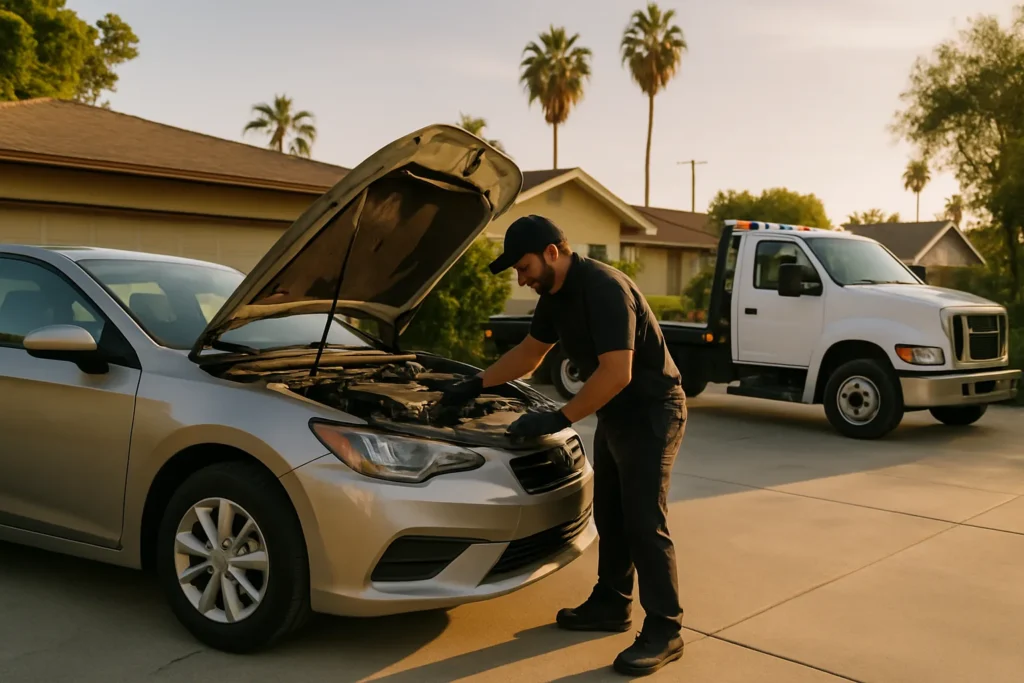 Mobile mechanic inspecting a car with a tow truck nearby in Los Angeles