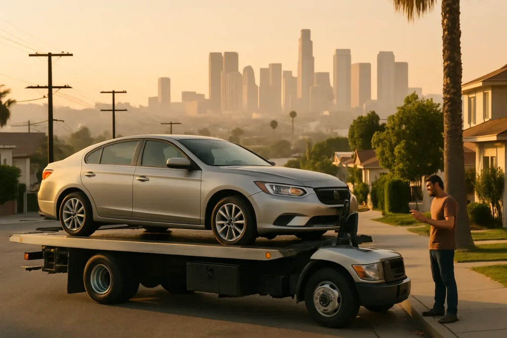 Customer-requested tow truck carrying a car through Los Angeles