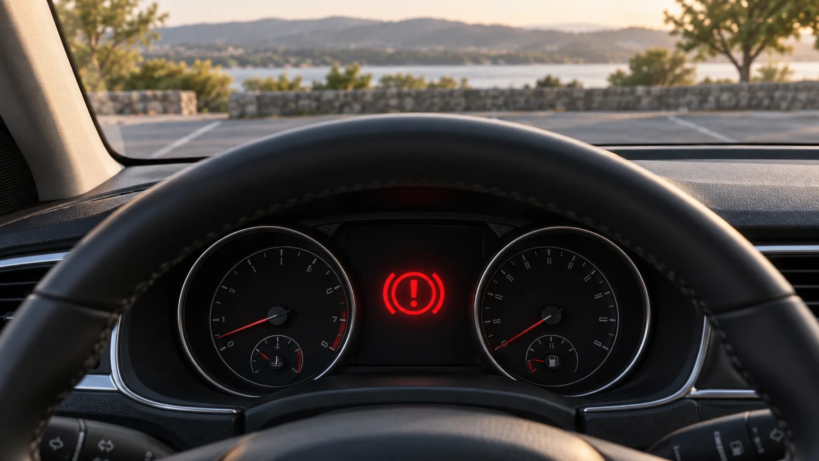 Illustration of a red brake warning symbol on a stationary car dashboard