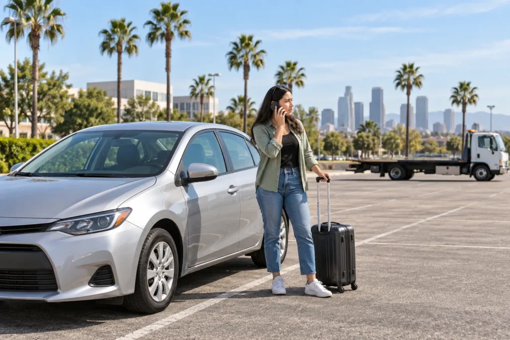 Illustration of a traveler calling for assistance beside a parked car and suitcase