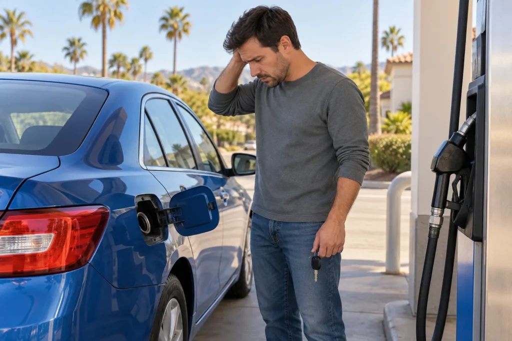 Illustration of a driver beside a parked car with its fuel door open at a gas station